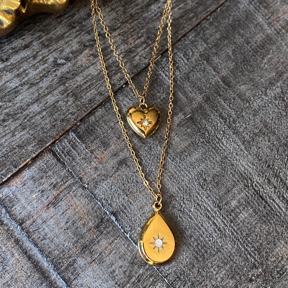 NEW Gold Layered Heart & Teardrop Pendant Necklace